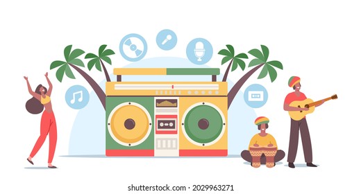 Reggae Party, Music Festival Concept. Tiny Rasta Male Female Characters In Jamaica Costumes Dance And Playing Ukulele Or Drums At Huge Tape Recorder On Beach. People Fun. Cartoon Vector Illustration