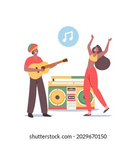 Reggae Party, Rasta People Having Fun, Music Festival Concept. Hippie Male And Female Characters In Jamaica Costumes Dance And Playing Ukulele At Tape Recorder On Beach. Cartoon Vector Illustration