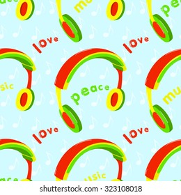 Reggae Peace Love Music design with headphones in Rasta colors. Vector seamless pattern for surface texture, wrapping, web design.