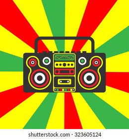 Reggae rastafarian boombox on a striped red yellow green background