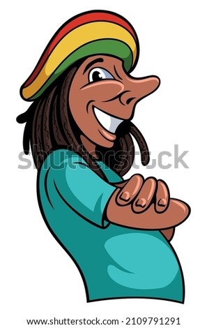 Reggae style cartoon man character with the beret and dreadlocks. Isolated on white background
