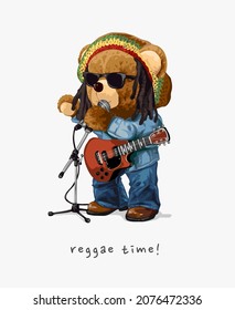 eslogan de reggae time con muñeca de oso en la vieja moda cantante estilo vectorial ilustración