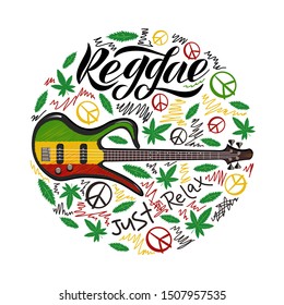Reggae Vector design with guitar. Vector badges for reggae festival. Vintage music labels with marijuana leaf.