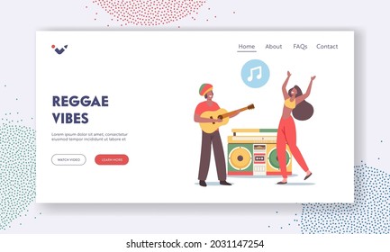 Reggae Vibes Landing Page Template. Reggae Party, Rasta People Having Fun, Music Festival Concept. Hippie Characters in Jamaica Costumes Dance and Playing Ukulele. Cartoon Vector Illustration