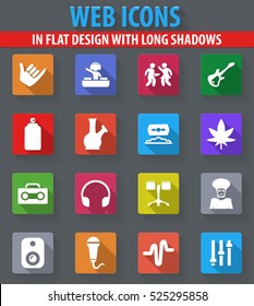 Reggae web icons in flat design with long shadows