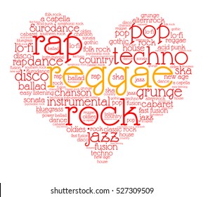 Reggae. Word cloud, heart, italic font, gradient grey background. Love of music.