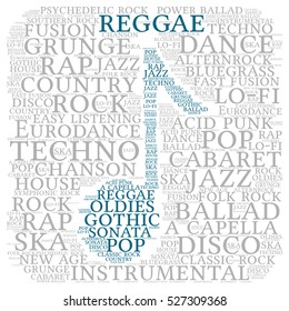 Reggae. Word cloud, musical notes, gray font, white background. Variety of music.
