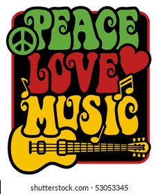 Reggae-inspired Peace Love Music text design with guitar, peace symbol, heart and musical notes.