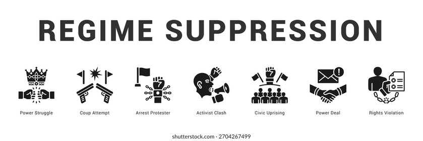Regimeunterdrückung Moderne und saubere Web-Banner-Illustration mit thematischen Symbolen für visuelle Kommunikation
