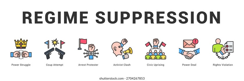 Regimeunterdrückung Moderne und saubere Web-Banner-Illustration mit thematischen Symbolen für visuelle Kommunikation
