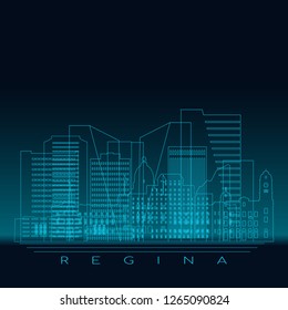 Regina skyline, detailed silhouette. Modern vector illustration, blue linear style.