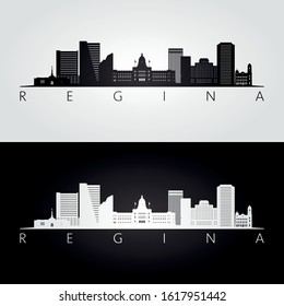 Regina skyline and landmarks silhouette, black and white design, vector illustration.  