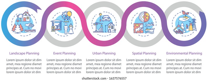 Region Building Vector Infographic Template. Landscape Planning Presentation Design Elements. Data Visualization With 5 Steps. Process Timeline Chart. Workflow Layout With Linear Icons