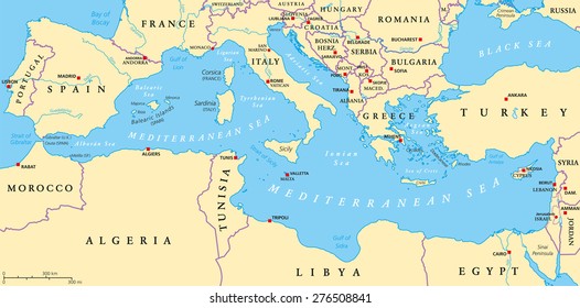 Region of lands around the Mediterranean Sea. South Europe, North Africa and Near East with capitals, national borders, rivers and lakes. English labeling and scaling. Illustration.