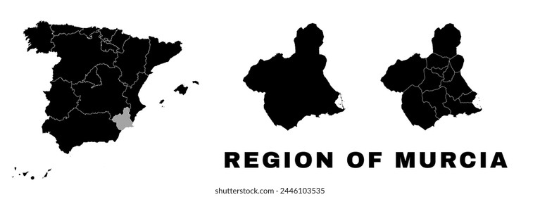 Region of Murcia map, autonomous community in Spain. Spanish administrative division, regions, boroughs and municipalities.