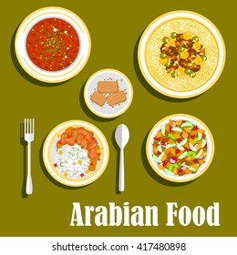 Regional arab cuisine  with beef and beans stew with rice, bread salad fattoush with vegetables, hummus with olive oil, beans and spices, tomato and bell pepper warm salad matbucha and cakes basbousa