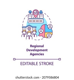 Regional development agencies concept icon. Community development programs level abstract idea thin line illustration. Voluntary organizations. Vector isolated outline color drawing. Editable stroke