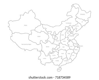 Regional map of administrative provinces of China. Thin black outline on white background. Vector illustration.