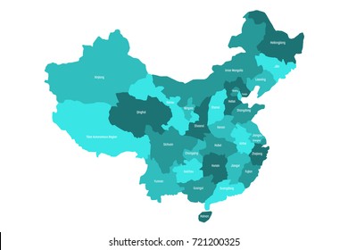 Regional map of administrative provinces of China. Four shades of turquoise blue with white labels on white background. Vector illustration.