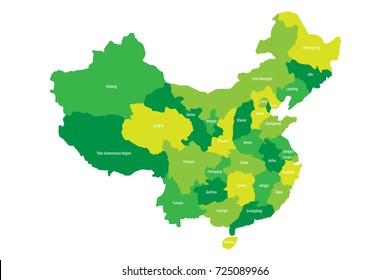 Regional map of administrative provinces of China. Four shades of green with white labels on white background. Vector illustration.