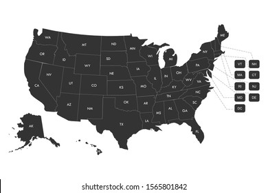 Regional map of USA states with labels vector illustration. Gray background.