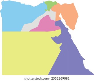 REGIONES DE EGIPTO, MAPA MULTICOLOR DE EGIPTO, GRAN CAIRO, ALEJANDRÍA, CANAL DE SUEZ, DELTA, SUR DEL ALTO EGIPTO, NORTE DEL ALTO EGIPTO, CENTRO DEL ALTO EGIPTO