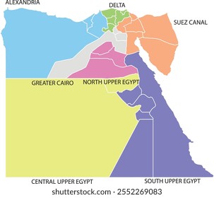 REGIONES DE EGIPTO, MAPA MULTICOLOR DE EGIPTO, GRAN CAIRO, ALEJANDRÍA, CANAL DE SUEZ, DELTA, SUR DEL ALTO EGIPTO, NORTE DEL ALTO EGIPTO, CENTRO DEL ALTO EGIPTO