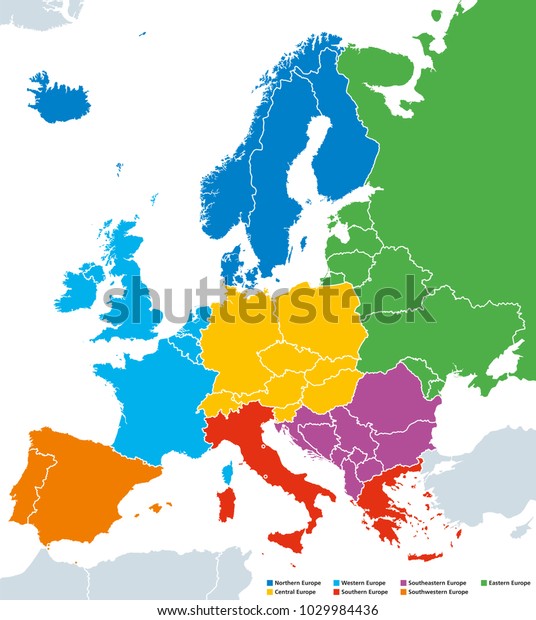ヨーロッパの地域 政治地図 単一国 ヨーロッパの北 西 南東 東 中央 南 南西の各色が異なります 英語の表示 イラトス ベクター画像 のベクター画像素材 ロイヤリティフリー