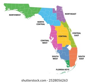 Regionen von Florida, einem Bundesstaat im Südosten der Vereinigten Staaten, farbige Karte. Häufig verwendete Aufteilung des US-Bundesstaates in 9 Hauptregionen, und mit Grenzen von 67 Bezirken. Isolierte Abbildung.