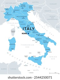 The regions of Italy, a country in Europe, political map. First-level administrative divisions of the Italian Republic. Twenty regions with its borders and capitals. Isolated illustration. Vector.