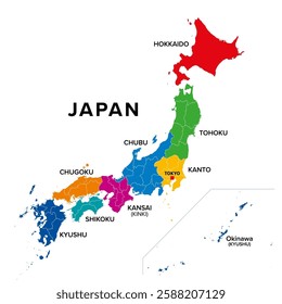 Regions of Japan, island country in East Asia, colored political map. Traditional units used for statistics. Hokkaido, Tohoku, Kanto, Chubu, Kansai or Kinki, Chugoku, Shikoku, and Kyushu with Okinawa.