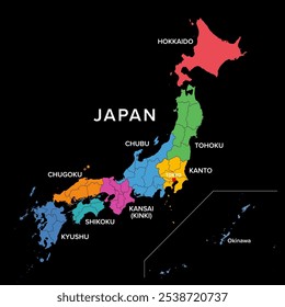 Regiões do Japão, mapa político multicolorido sobre preto. Unidades tradicionais usadas para estatísticas e outras. Hokkaido, Tohoku, Kanto, Chubu, Kansai ou Kinki, Chugoku, Shikoku e Kyushu com Okinawa.