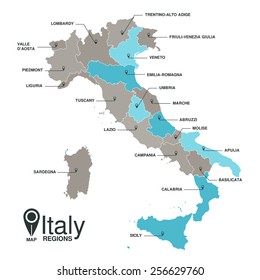 Regions map of Italy. Mappa delle regioni Italia blue gray