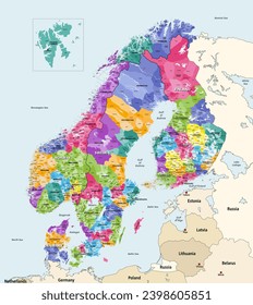 Regions and municipalities map in the Nordic region. Vector illustration