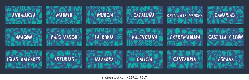 Regions and provinces of Spain in Spanish. Floral backgrounds with inscriptions for souvenirs and banners. Set of vector graphic backgrounds.