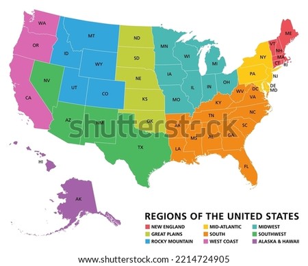 Regions of the United States of America, political map. The nine regions New England, Great Plains, Rocky Mountain, Mid Atlantic, South, West Coast, Midwest, Southwest, Alaska and Hawaii. Illustration