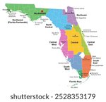 Regions of U.S. state Florida, multi colored map showing travel regions, subregions, cities, and major destinations. State in Southeastern United States with capital Tallahassee. Isolated illustration