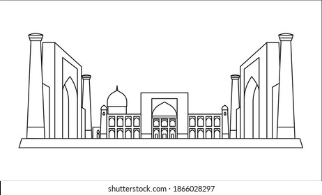 Registan Square, Samarkand. Uzbekistan Registan. Linear vector illustration. Isolated on a white background. Tamerlane Square.