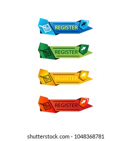 Register banner, Set stickers and banner. flat design