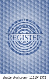 Register blue badge with geometric pattern background.