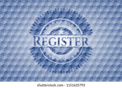 Register blue badge with geometric pattern.