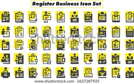 Register Business Icon Set.  Business plan icons set. Containing schedule, plan, deadline, task, analysis, step, achievement and more solid icons collection. Vector illustration. For website design