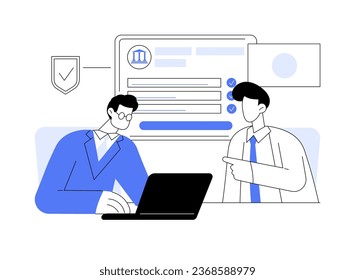 Registrar ilustración de vector de concepto abstracto de nombre de negocio. Los socios registran el nombre del negocio utilizando la laptop, la industria del gobierno, archivando documentos en línea, elegibles para usar metáfora abstracta.