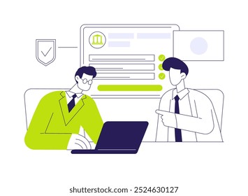 Register business name abstract concept vector illustration. Partners register business name using laptop, government industry, filing documents online, eligible for use abstract metaphor.
