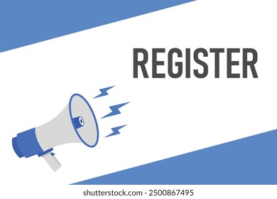 register button, banner, label, template for website. register text with colorful megaphone icon
