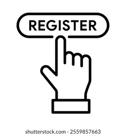 Register button with hand click icon. Simple outline style. Vector. Isolate on white background.