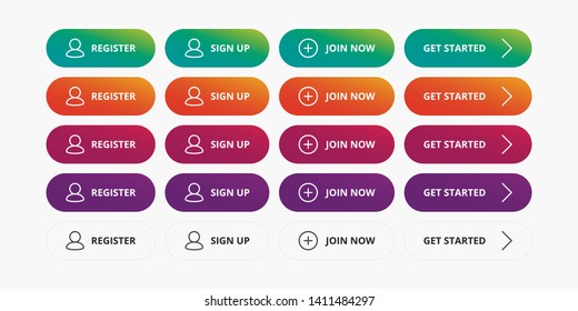 Register buttons set - Register, Sign up, Join now, Get started modern button for website