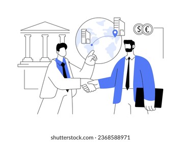 Register a company abroad abstract concept vector illustration. Owner registering international business, consultancy service government sector, getting assistance abstract metaphor.