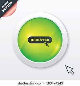 Register with cursor pointer sign icon. Membership symbol. Website navigation. Green shiny button. Modern UI website button with mouse cursor pointer. Vector