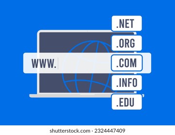 Register Domain Name - search and buy available website domain names. Optimize SEO and search ranking with right name and extension. Domain registration vector illustration with laptop and search bar